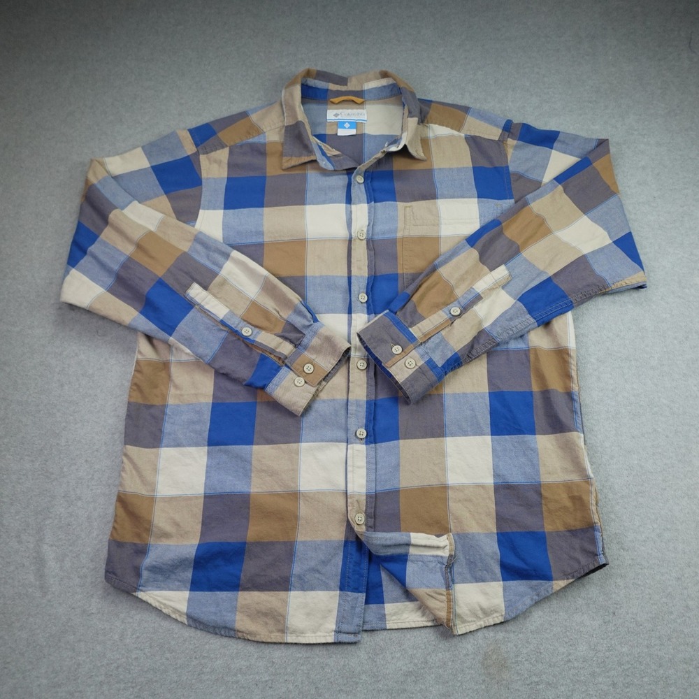 Columbia Shirt Mens Large Blue Brown Plaid  Outdoor Casual Button Up Long Sleeve